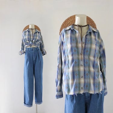 worrrn plaid button top - s - vintage 90s y2k blue cut off cropped crop blouse long sleeve shirt size small 