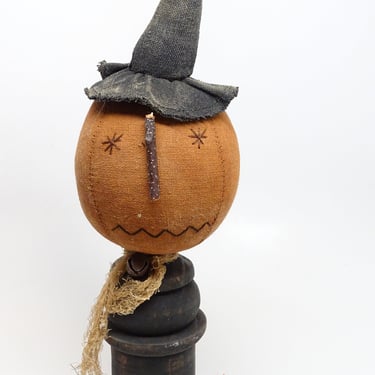 Vintage Hand Made Halloween Witch with Hat on Wooden Spool 