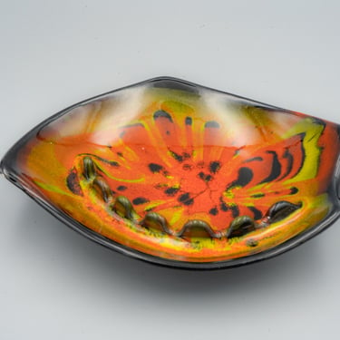 Haeger Potteries Black Mystique Ashtray | Vintage 1960s Ceramic Decor | Red, Orange and Yellow Drip Glaze 