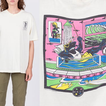 80s Maui And Sons Sharkman Surf T Shirt - Men's XL | Vintage Miss July Shark Off-White Skate Shop Graphic Tee 