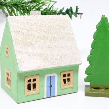 Antique  1940's German Christmas House with Tree, Hand Made, Vintage Hand Painted Wood for Nativity Putz or Creche, Germany 