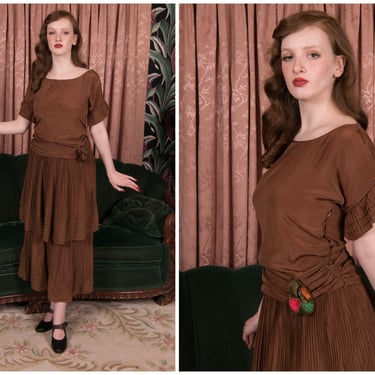 1920s Dress - Luscious Mocha Silk 1919 to 1920s Cusp Antique Two Piece Dress with Perma Pleated Skirt and Sleeves, Hand Tied Lamé Rosettes 