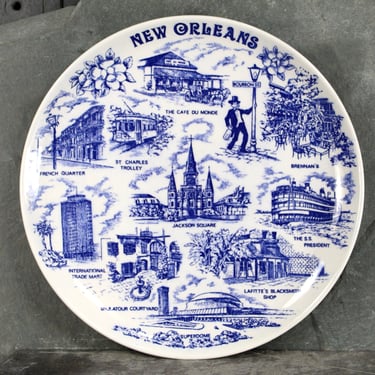 Vintage New Orleans Souvenir Plate | 1970s Blue & White New Orleans Souvenir Plate | Bourbon Street | Jackson Square | Superdome 