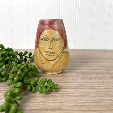 Pottery vessel with woman's portrait - 1990s artisan vintage 