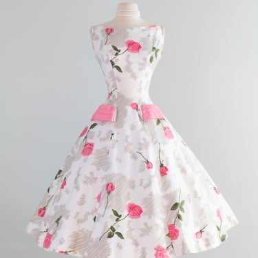 Gorgeous 1950's Polished Cotton Pink Rose Print Dress With Big Pink Bow! SM