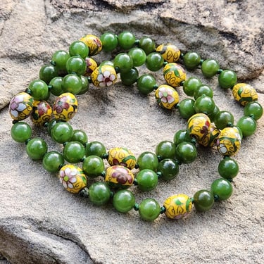 Knotted Green Jade & Cloisonné Necklace~Gifts for Her 