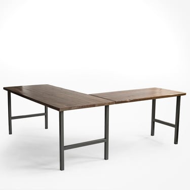Urban Farmhouse L Office Desk, Work Station-reclaimed wood, steel base, choice of wood stain/thickness, base style. 