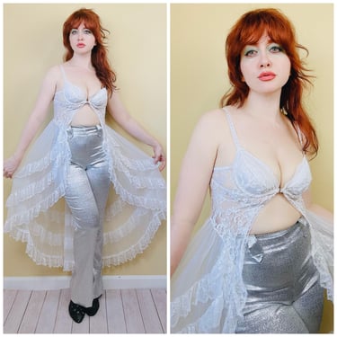 1980s Vintage White Nylon Bustier Teddy / 80s Lace Split Front Ruffled Skirt Robe / Duster / Small 