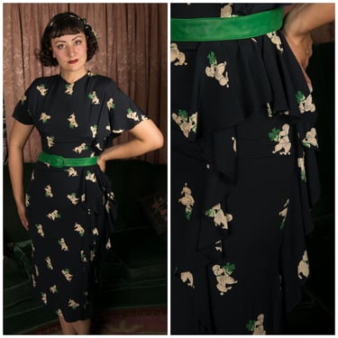 1940s Dress - Rare Peggy Hunt Novelty Poodle Print Day Dress in Navy with Asymmetric Draped Sleeve and Ruffles 