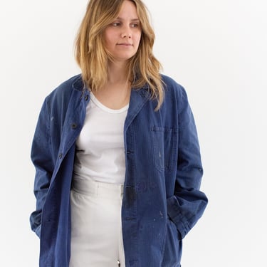 Vintage Blue Chore Jacket | Unisex Herringbone Twill Cotton Utility Work Coat | L | FJ068 