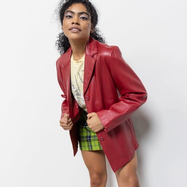 RED LEATHER BLAZER Jacket Relaxed Fit Cute Preppy Vintage Coat / Large 