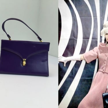 Big City Gal - Vintage 1950s 1960s Dark Purple Plum Faux Leather Satchel Handbag Purse - Rare Colour 