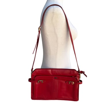 Phillippe Vintage Red Leather Adjustable Strap &amp; Gold Buckle Accent Shoulder Bag
