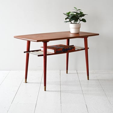Vintage Scandinavian Teak Coffee Table with Brass Tips and Metal Shelf, 1960s 