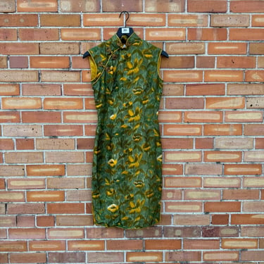 vintage 60s green and yellow silk floral cheongsam quipao dress / s small 