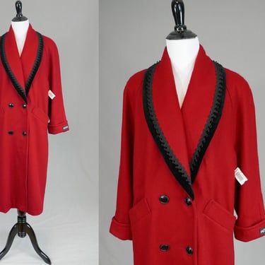 90s NWT Red Wool Coat - Deadstock - Black Velveteen Trim - Oversized - Jofeld Sears - Vintage 1990s - S M Petite 