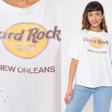 90s Hard Rock Cafe Shirt New Orleans Tshirt Distressed Paint Splatter Tee Graphic Vintage Single Stitch Retro 1990s Large xl l 