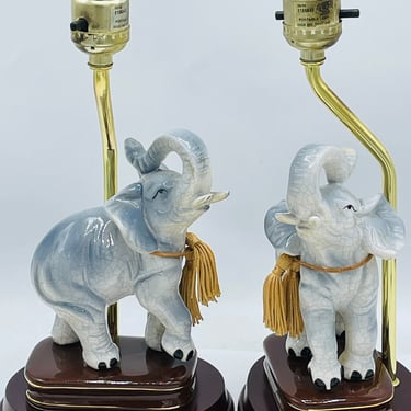 Pair of Vintage Elephant Table Lamps- Good Luck- On Wooden Base- Rare Find 
