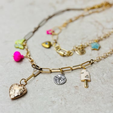 Chunky Layered Charm Necklace, Statement Necklace, Personalized Heart Locket, Colorful Vintage Charms, Unique Gift for Her 