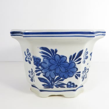 Vintage Blue White Asian Planter Vase - Square Blue White Chinoiserie Blue White Planter 