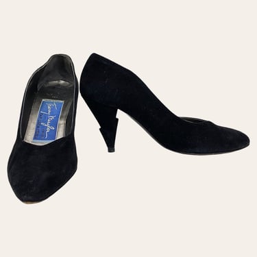 Vintage Thierry Mugler High Heels Retro 1980s Womens + Size 9.5 + Barneys + Black Seude + Pumps + 3.5