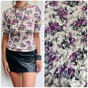 Vintage Off-White Popcorn Top w Purple Flower Print – Y2K Fairy Grunge One Size 