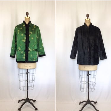 Vintage 50s jacket | Vintage green chinoiserie satin reversible jacket | 1950s black sheered Persian lamb coat 