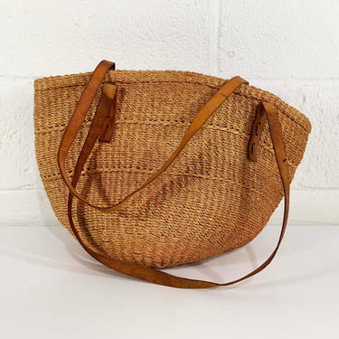 Vintage Sisal Market Bag Straw Woven Tote Leather Shoulder Beach Weekender Carryall Jute Boho Purse Handbag 1970s 