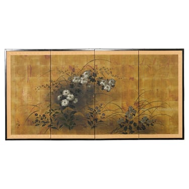 Japanese Four Panel Screen Autumn Foliage and Flowers