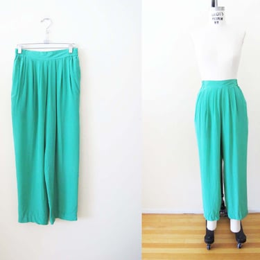 Vintage 80s Teal Green Silk Pleated Trousers S - 1980s High Elastic Waist Bright Green Women Pants - Solid Color 