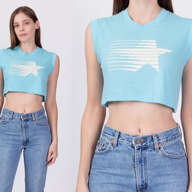 80s Blue Star Crop Top - Small to Medium | Vintage Graphic Cropped Tank 