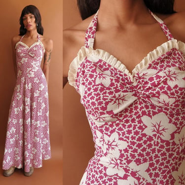 Vintage 40s Cotton Halter Dress/ 1940s Fuchsia and White Leaf Print Long Dress/ Size Small 