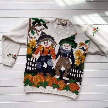 Halloween sweater 90s vintage Crystal Kobe scarecrow pumpkin farm hand knit sweater 