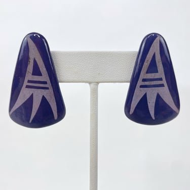 Medium 1.5" 1980's Vintage Purple Clay Earrings with Painted Southwestern / Aztec / Tribal Design 