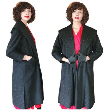 Vintage 50s Swing Coat Black Wool Polkadot Print 