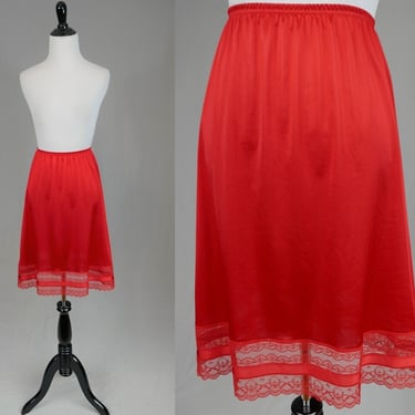 80s Red Skirt Slip - Nylon Lace Trim - Vanity Fair Half Slip - Vintage 1980s - M Medium Long 