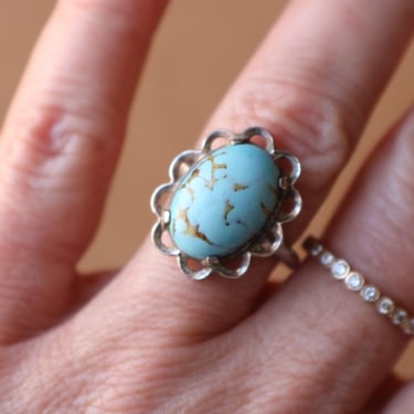 60's Cocktail Ring / Vintage Faux Turquoise Ring / Size 8 1/2 Sterling Ring 