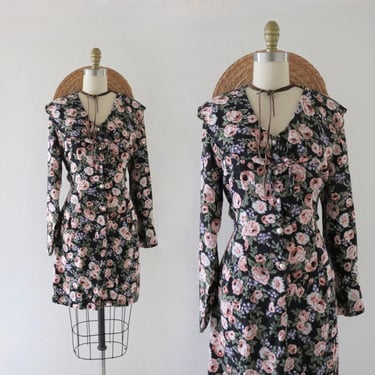 rose garden tie back dress - m - vintage womens 90s y2k cute floral short mini long sleeve spring summer cottage cottagecore size medium 