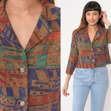 Cropped Tapestry Blazer 90s Abstract Crop Blazer Jacket Button Up Collared Mustard Yellow Purple Vintage 1990s Geometric Extra Small xs 
