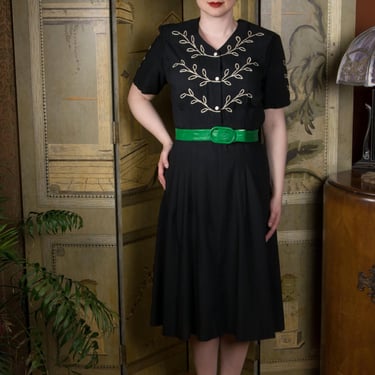 1940s Dress - Smart Vintage Late 40s Black Wool Shirt Waist Day Dress with Ivory Soutache 