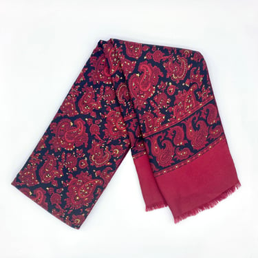 Vintage 1950s Silk Cashmere/Wool Opera Scarf, Elegant Red and Black Paisley Reversible Muffler by Cisco for Lord & Taylor 