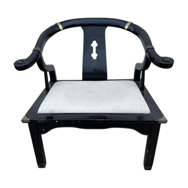Ming Horseshoe Back Chair Project - Vintage Century Furniture Black Armchair with Brass Accents & Upholstered Seat - Chinoiserie Asian Style 