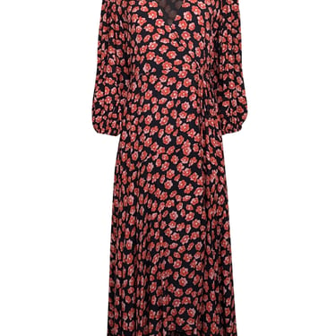 Ganni - Black w/ Pink &amp; Orange Floral Print Maxi Wrap Dress Sz 8