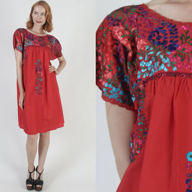 Traditional Red Oaxacan Dress Hand Rainbow Embroidered Mexican Cover Up 