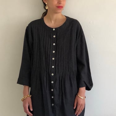 90s linen blouse / vintage black linen pintuck oversized scoop neck tunic blouse | Extra Large 