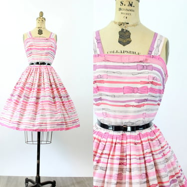 1950s TONI TODD cotton TROMP l'oeil  bow ribbon print dress medium | new summer 