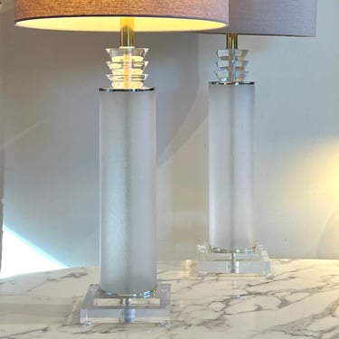 Pair of post modern Art Deco revival lamps in lucite, opaque acrylic, chrome and brass 