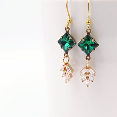 Art Deco Emerald Earrings, Green Diamond Drop Earrings 1920, Emerald Jewelry, Mid Century Modern, May Birthstone 