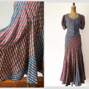 Vintage 1970’s handmade bias cut maxi skirt & top, matching 2 piece set | rainbow floral print hippie dress, festival, XS/XXS 