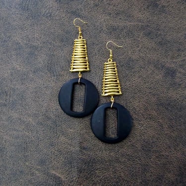 Gold earrings, geometric earrings, large statement earrings, chunky bold earrings, mid century modern earrings, black rubber earrings 